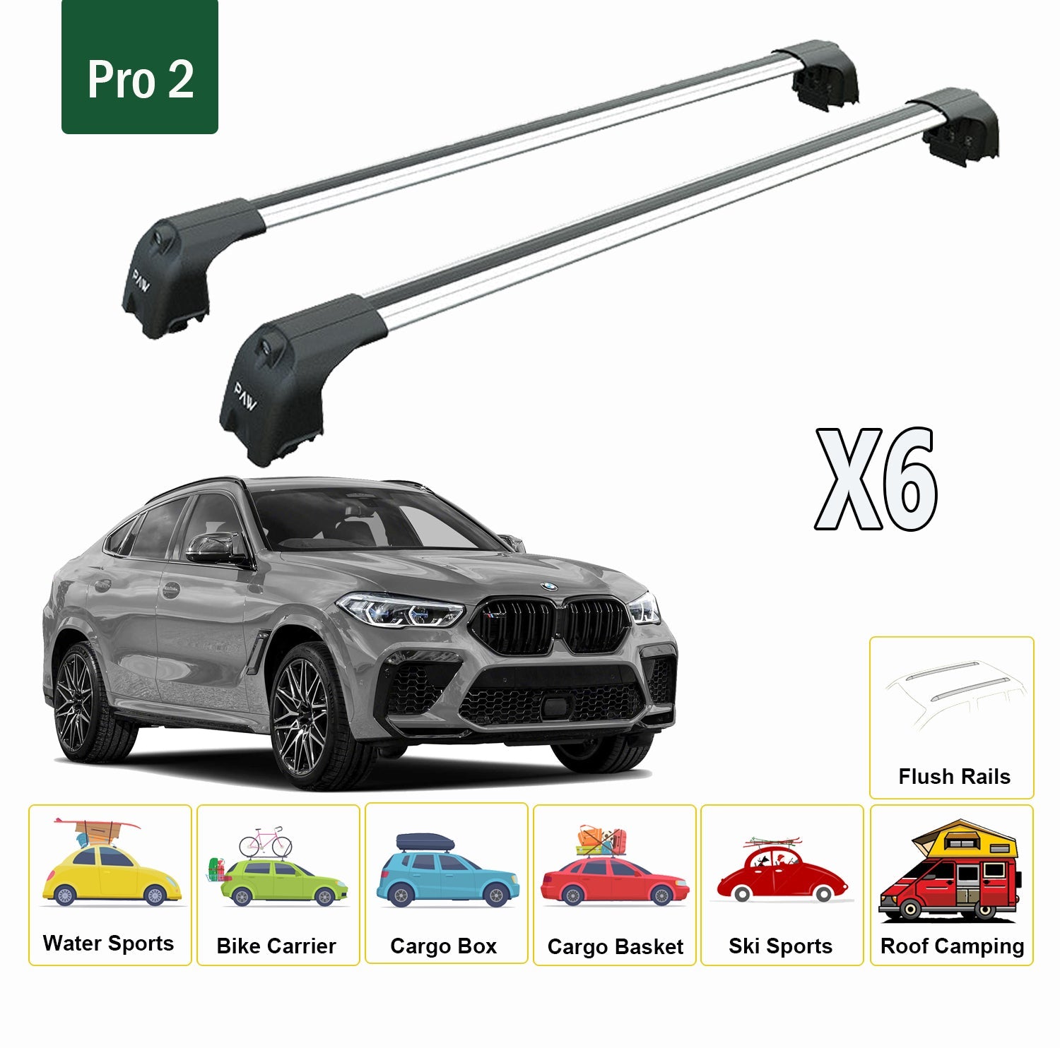 For BMW X6 2020-Up Roof Rack System, Aluminium Cross Bar, Metal Bracket, Flush Rail, Silver For BMW X6 2020-Up Roof Rack System, Aluminium Cross Bar, Metal Bracket, Flush Rail, Silver